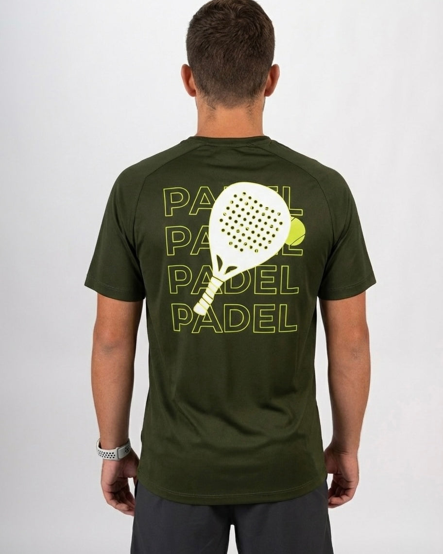 Person wearing a green t-shirt with 'PADEL' text and graphics on the back.