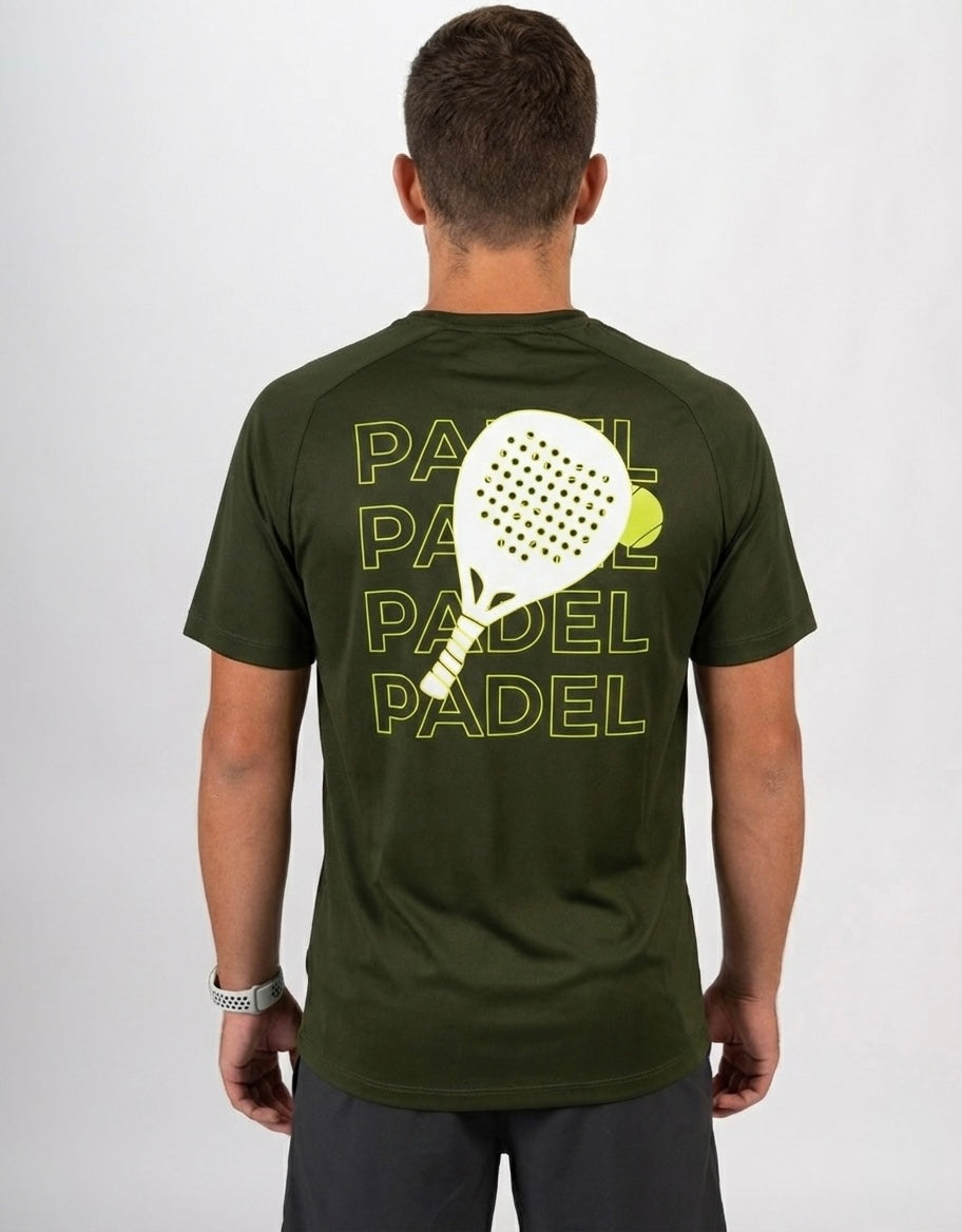 Person wearing a green t-shirt with 'PADEL' text and graphics on the back.