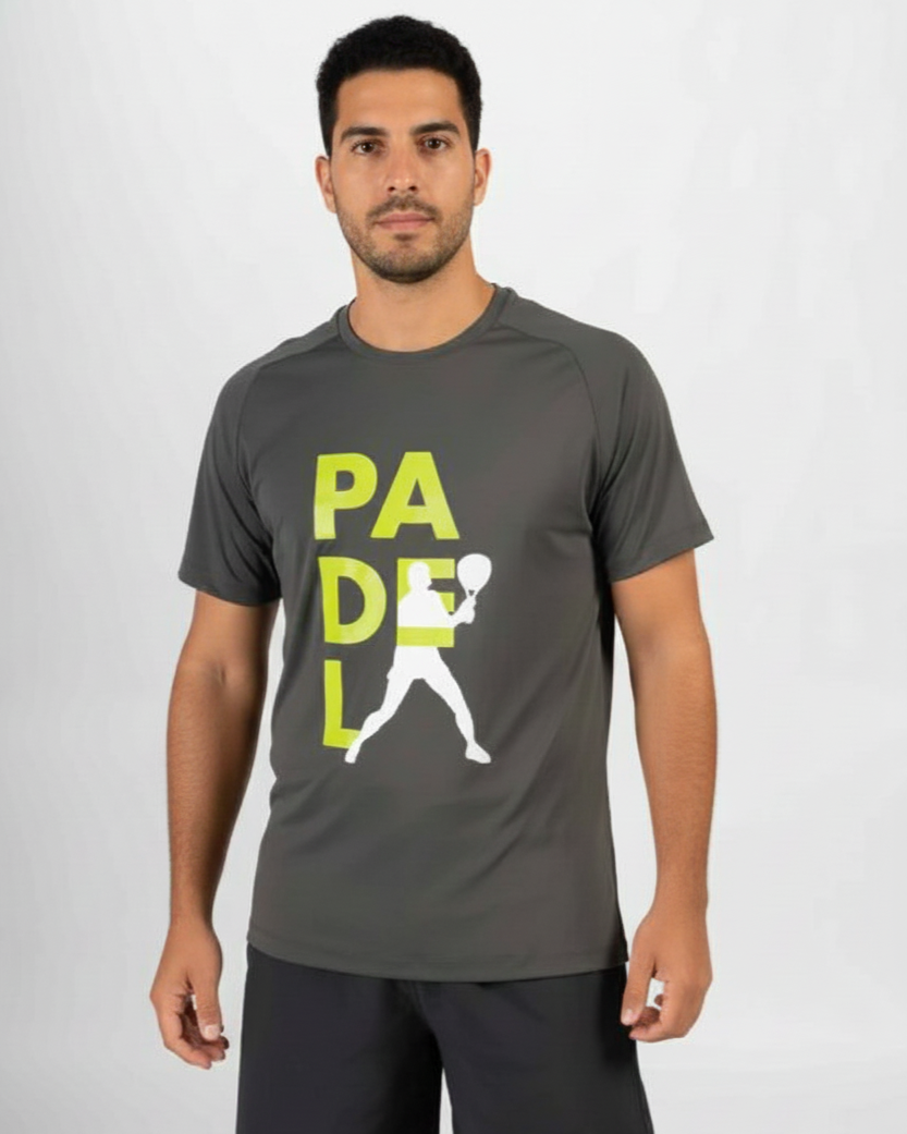 Man wearing a gray t-shirt with 'PADEL' and a paddle player graphic on a white background