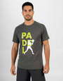 Man wearing a gray t-shirt with 'PADEL' and a paddle player graphic on a white background
