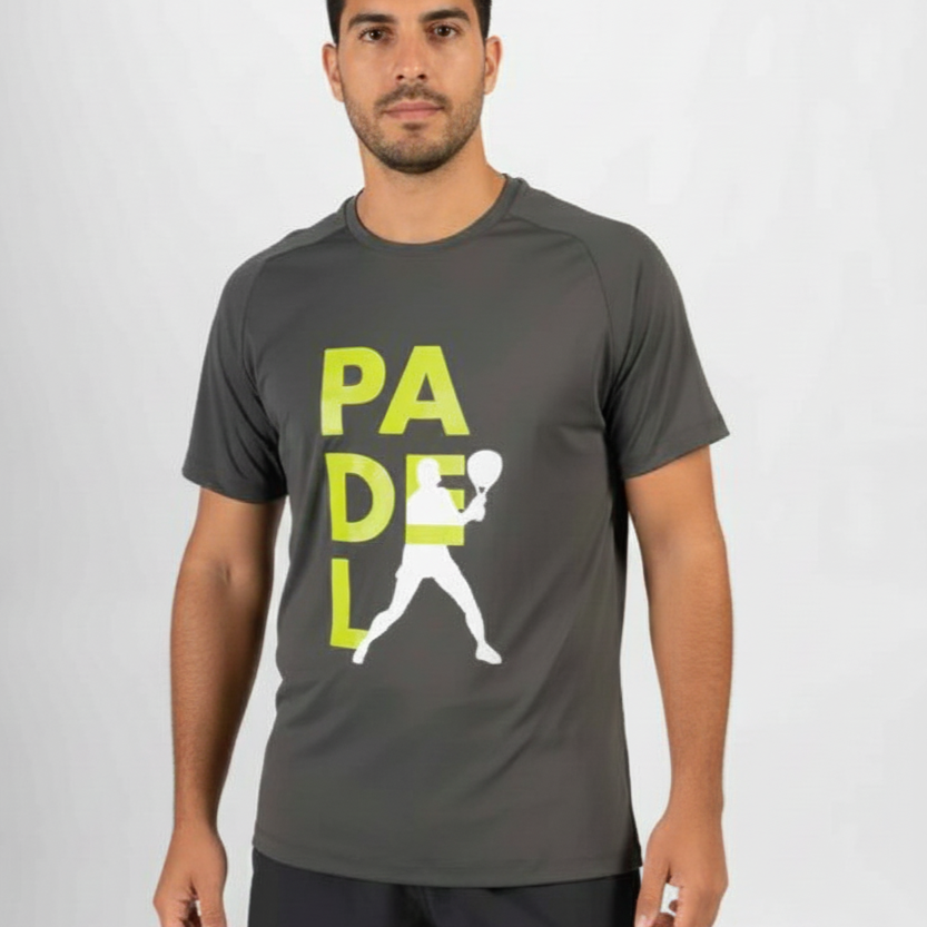 Man wearing a gray t-shirt with 'PADEL' and a paddle player graphic on a white background