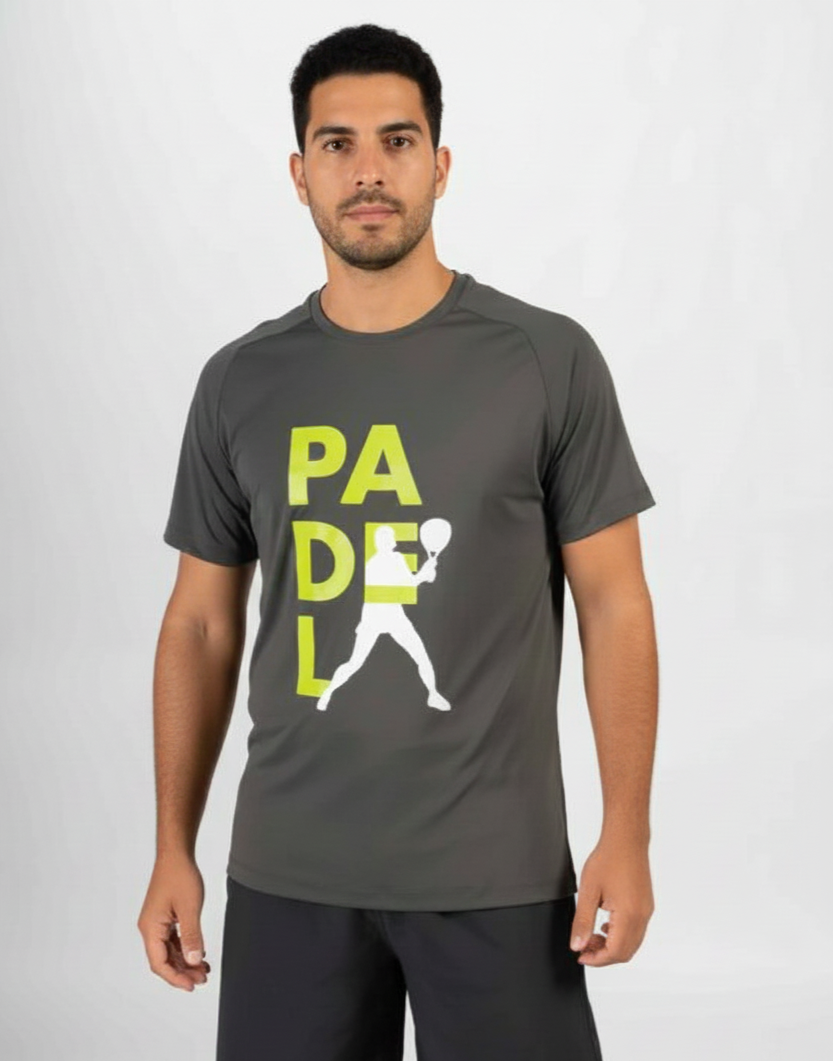 Man wearing a gray t-shirt with 'PADEL' and a paddle player graphic on a white background