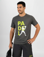 Man wearing a gray t-shirt with 'PADEL' and a silhouette of a person playing padel on a white background