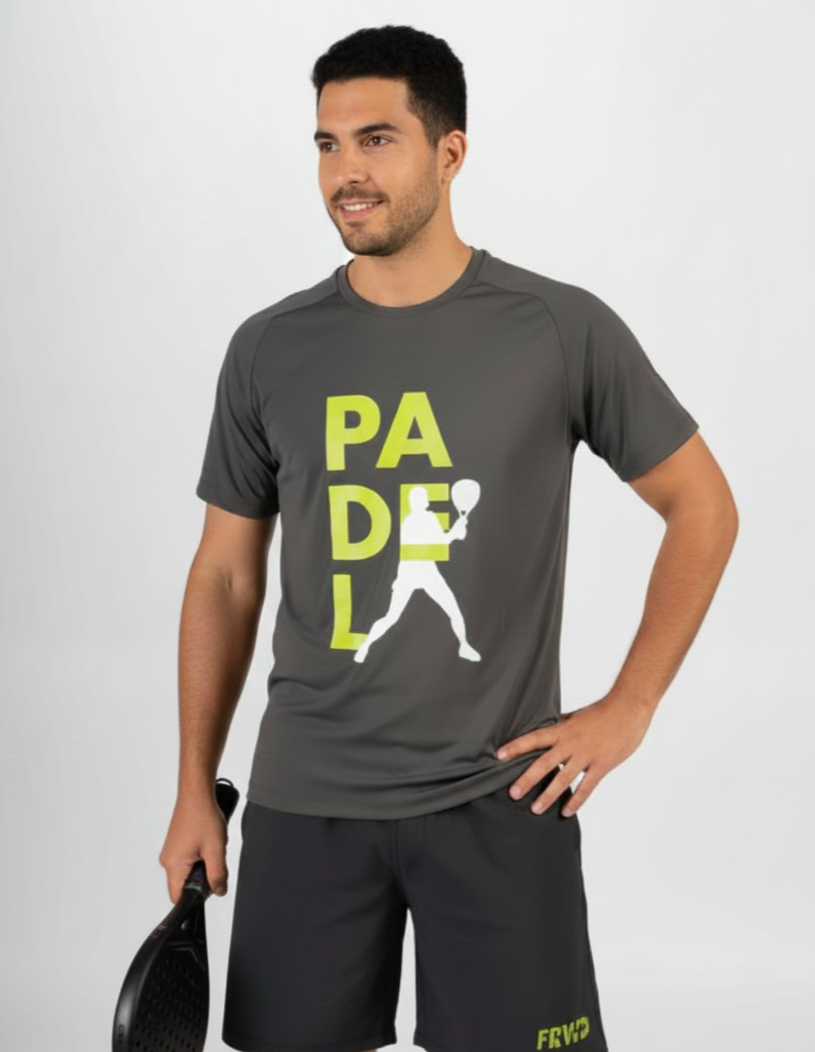 Man wearing a gray t-shirt with 'PADEL' and a silhouette of a person playing padel on a white background